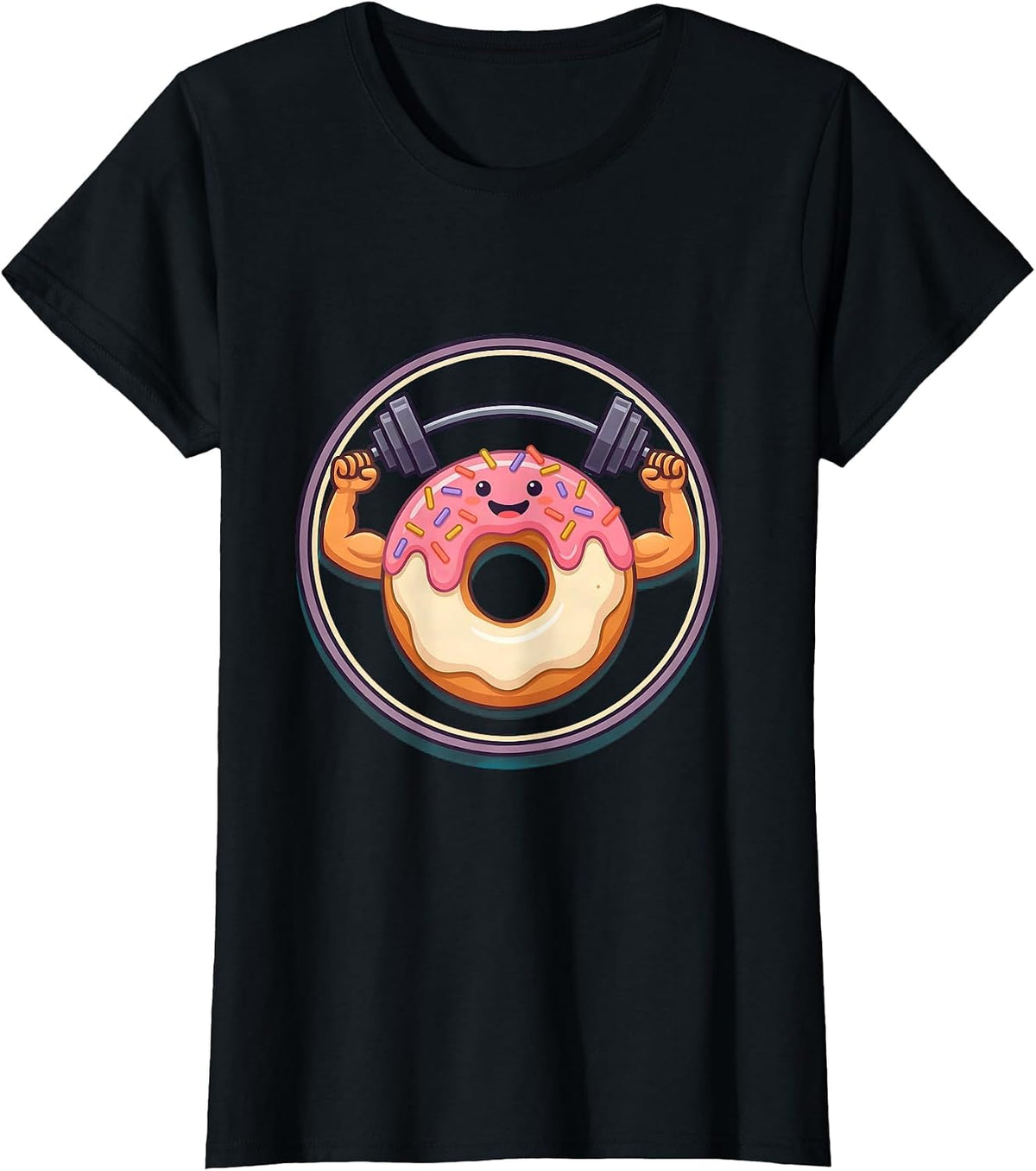 Women's Funny Donut Lifting Weights Gym Humor Graphic T-Shirt - Black