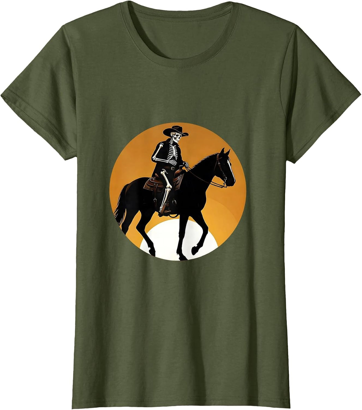 Women's Skeleton Cowboy Riding Into the Sunset T-Shirt - Olive Green