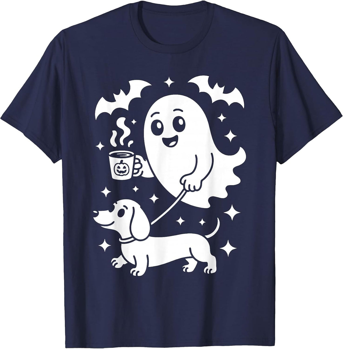 Cute Ghost Walking Dog Dachshund Coffee Halloween Costume T-Shirt - Navy Blue