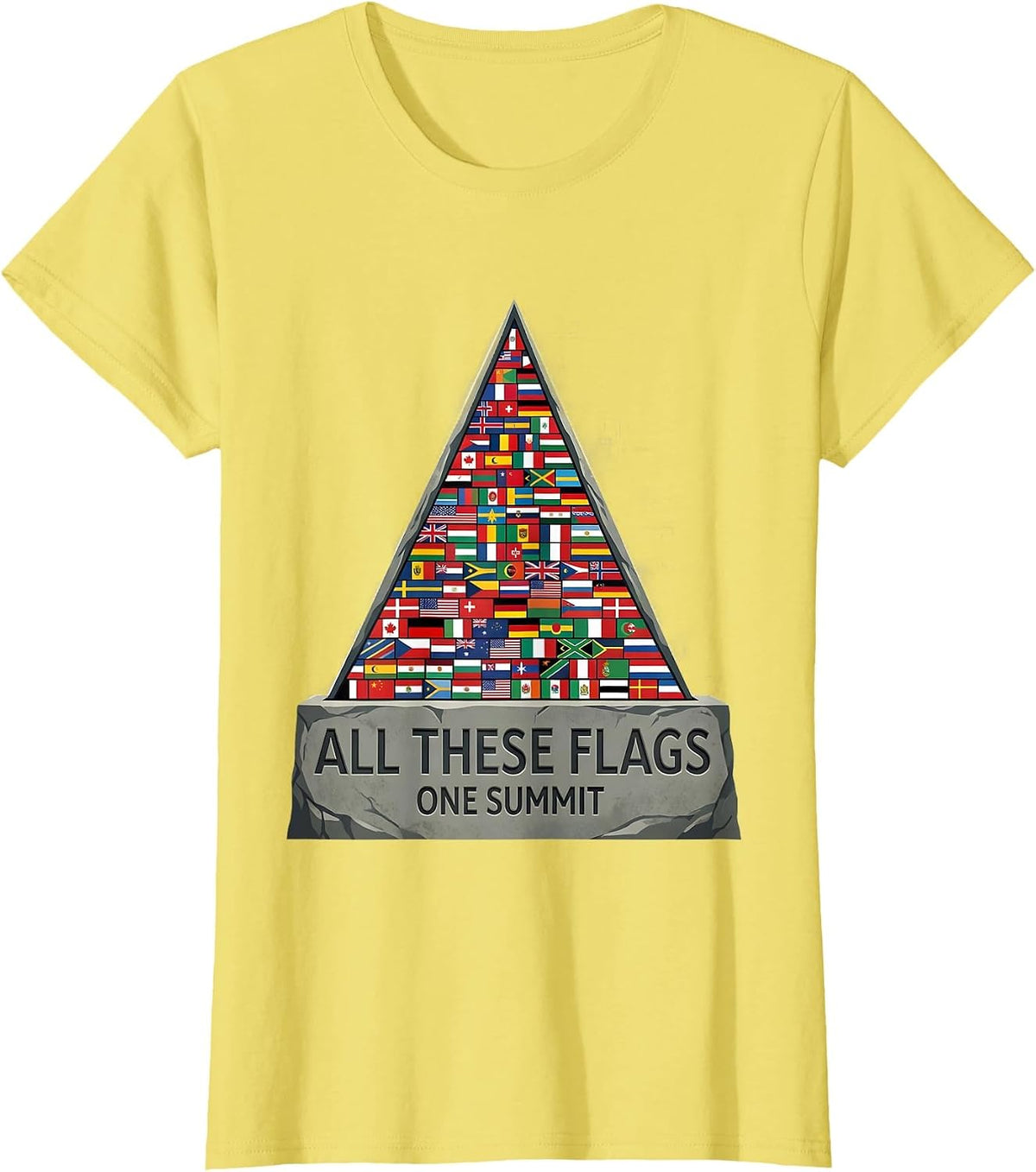 All These Flags, One Summit Educational Geography Kids World T-Shirt - Lemon Yellow