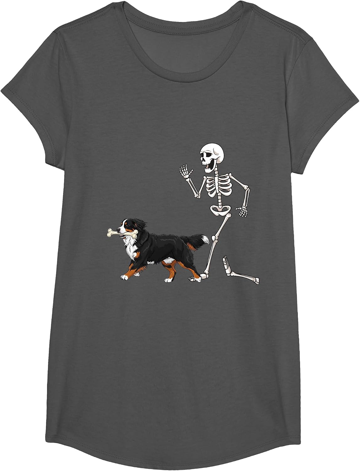 Funny Halloween Bernese Mountain Dog and Skeleton T-Shirt - Girls Asphalt Grey