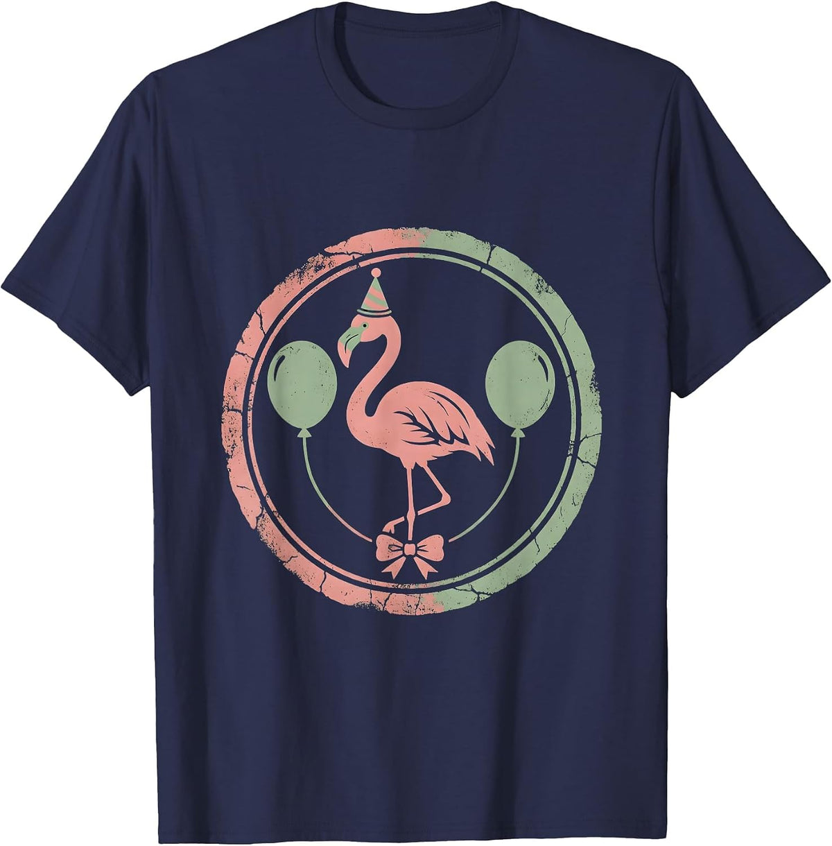 Men's Flamingo Birthday Party Hat Balloons Celebration T-Shirt - Navy Blue