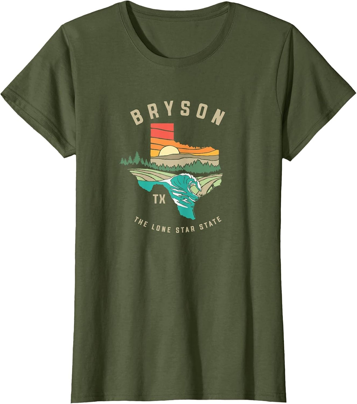 Bryson Texas Outdoors Vintage Nature Illustration T-Shirt - Olive Green