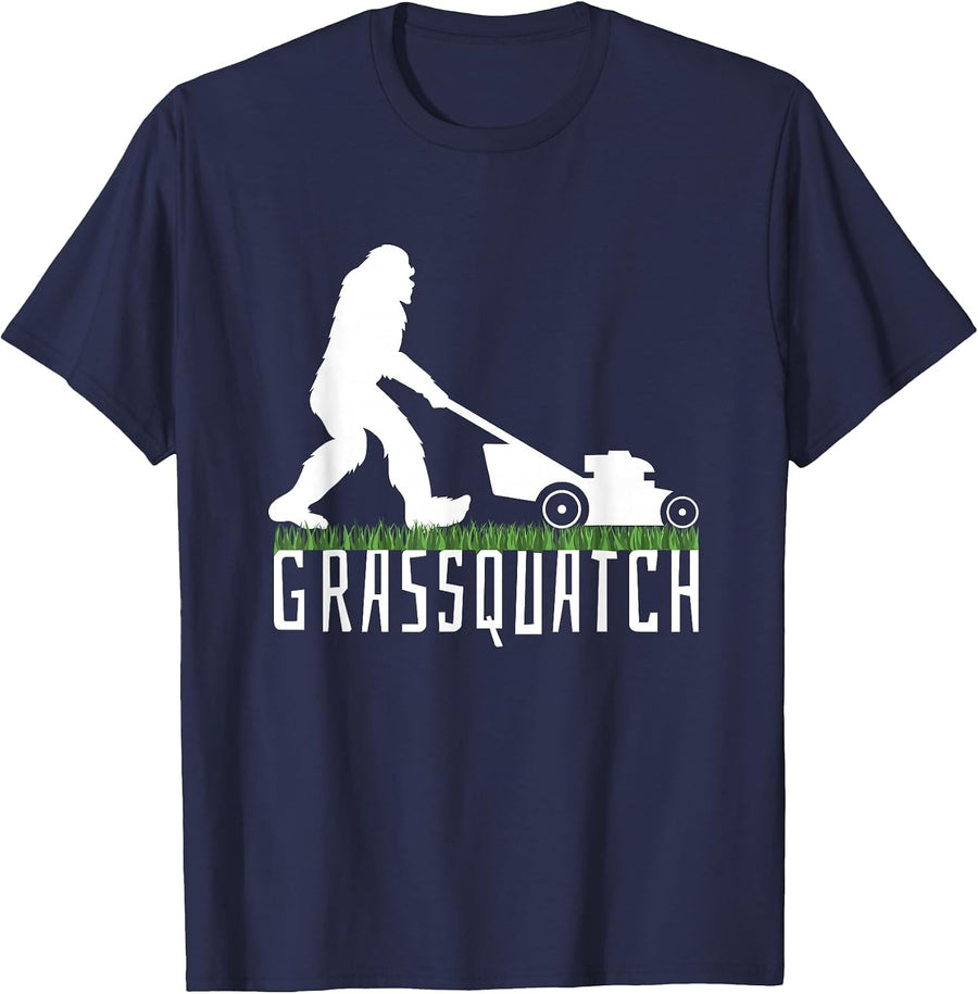 Funny Lawn Mowing Sasquatch Grassquatch Bigfoot Landscaper T-Shirt - Navy Blue