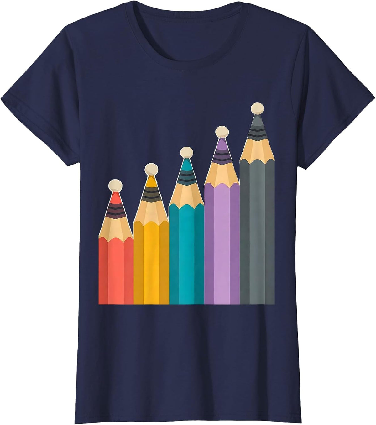 Women's Colorful Pencil Row Art Teacher Graphic T-Shirt - Navy Blue