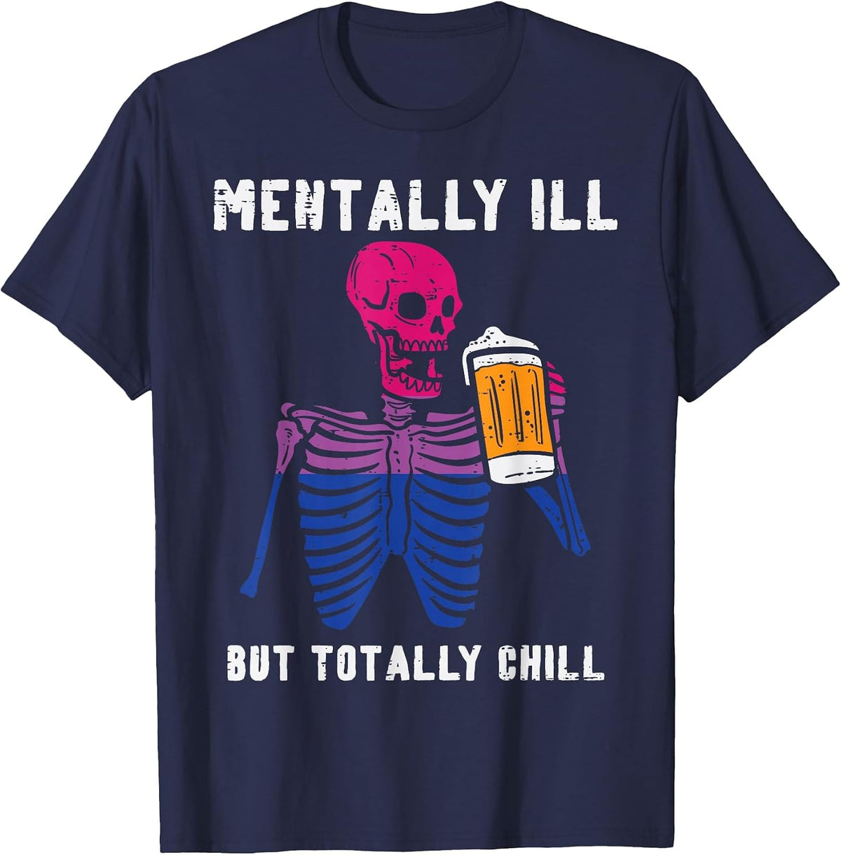Bisexual Skeleton Mentally Ill Bi Pride Flag LGBTQ Dad Men T-Shirt - Navy Blue