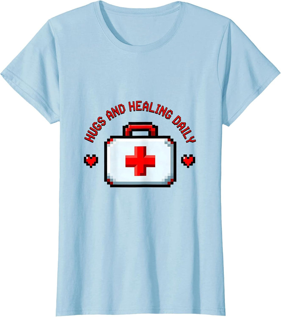 Women's Hugs and Healing Daily School Nurse Design T-Shirt - Baby Blue