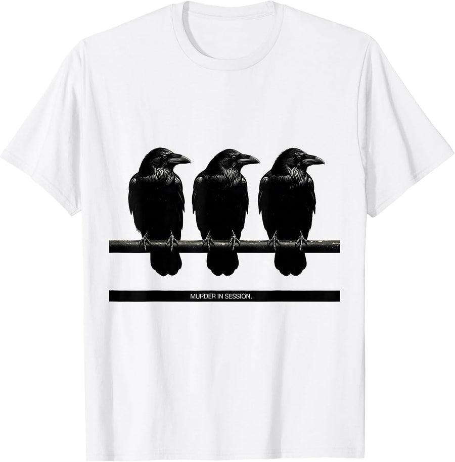 Men's MURDER IN SESSION Silhouette Dark Humor Crow Lover Gothic T-Shirt - White