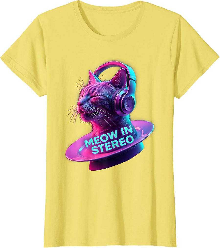 Meow In Stereo Funny Cat DJ Headphones Music Humor T-Shirt - Lemon Yellow