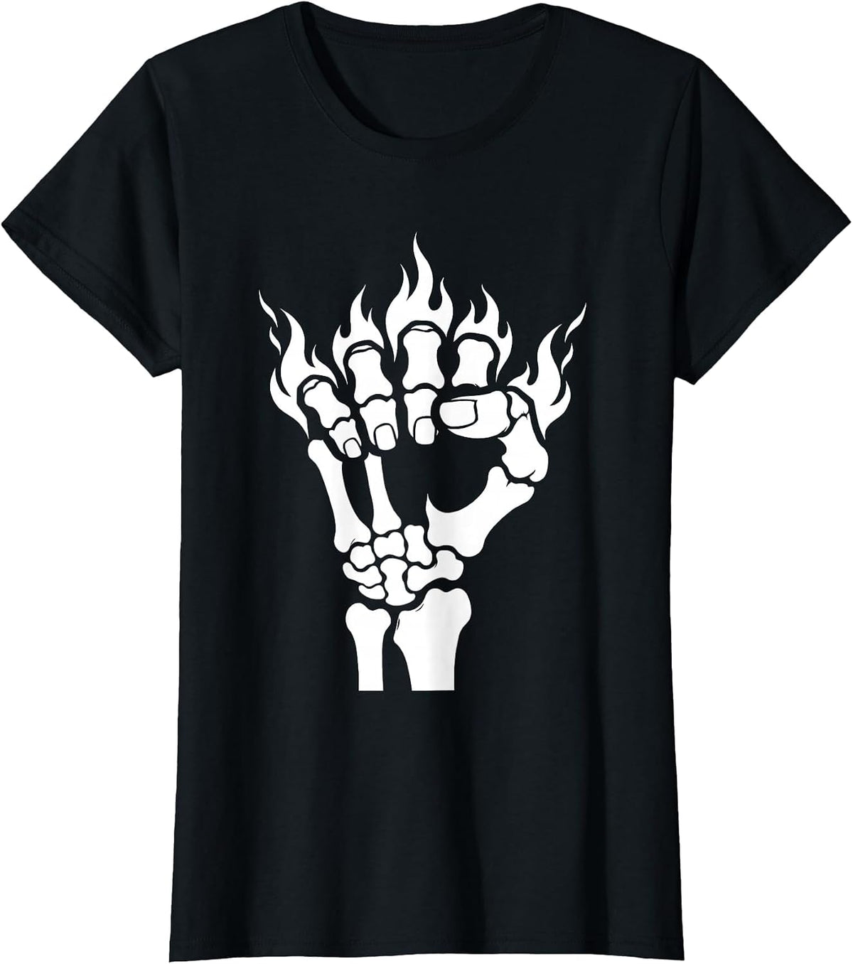 Skeletal Fist Fire Burning Knuckles Graphic T-Shirt - Black