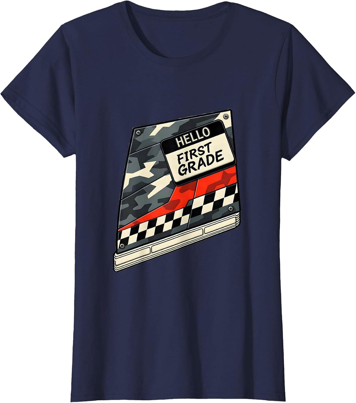 Women's Hello First Grade Camo Back To School Boys Teachers T-Shirt - Navy Blue