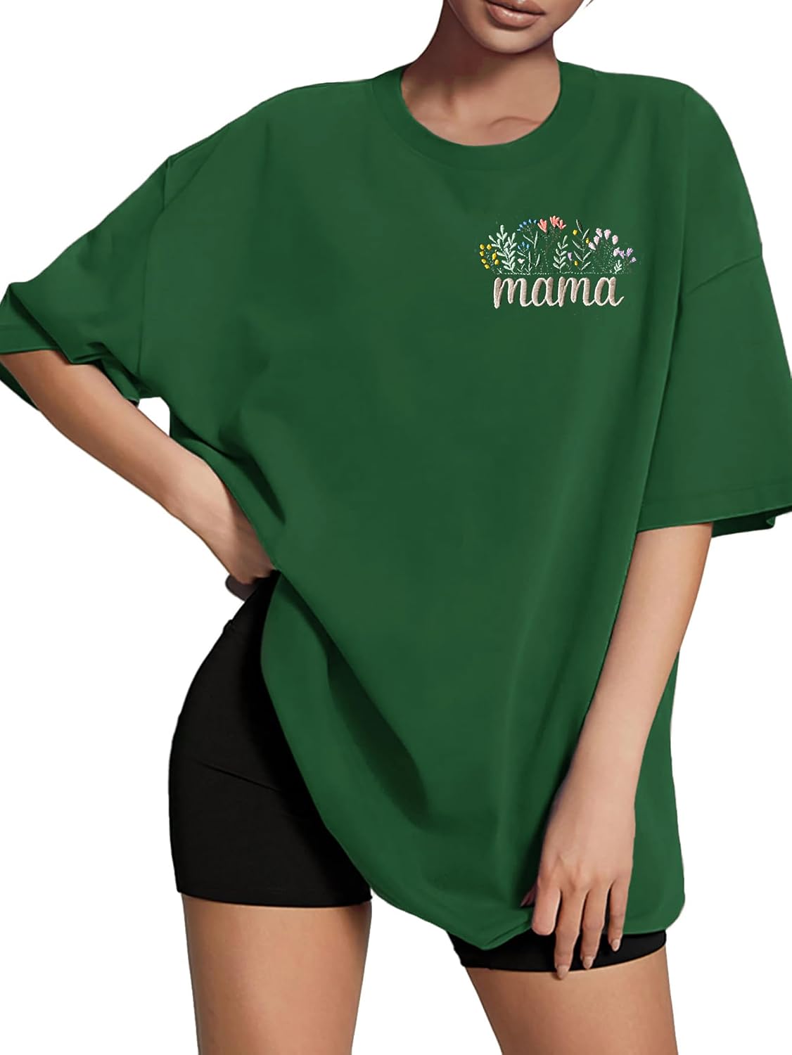 Mama Shirt for Women Embroidered Mama Letter Print Oversized T-Shirt Mom Life Short Sleeve Tee - Deepgreen