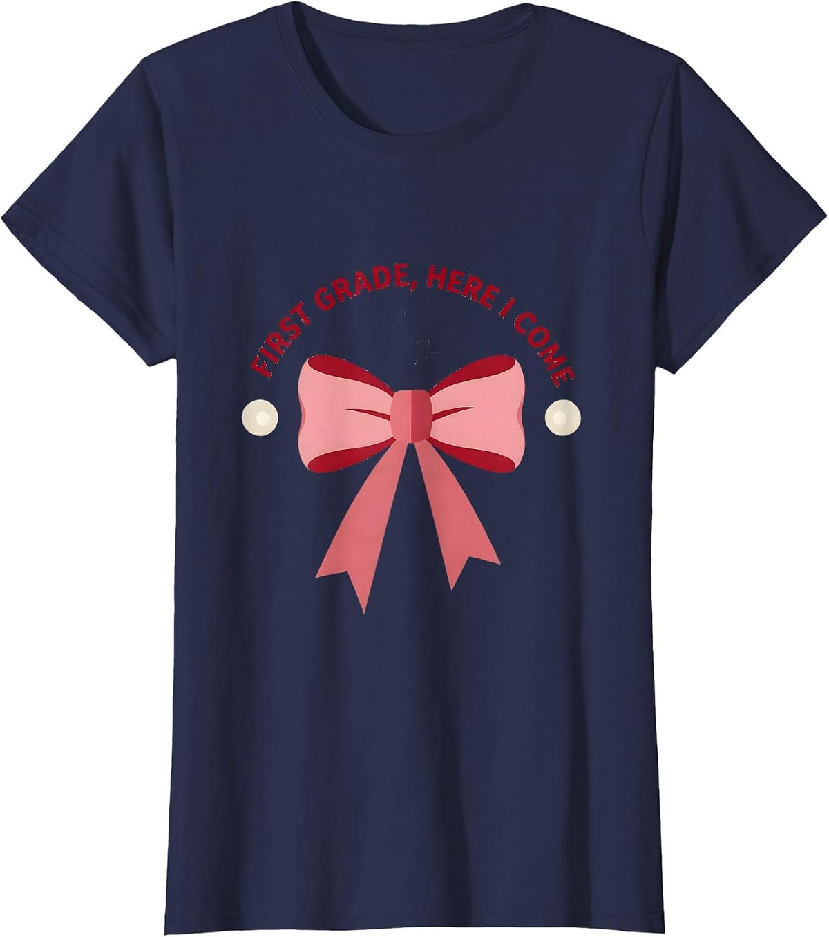 Women's First Grade Here I Come Coquette Ribbon Teacher Back T-Shirt - Navy Blue