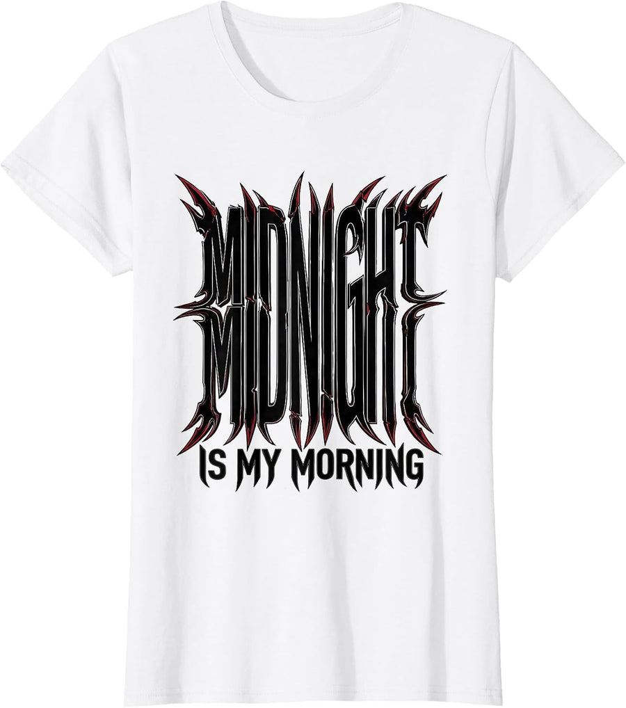 Women's Midnight Is My Morning Gothic Night Owl Design T-Shirt - White