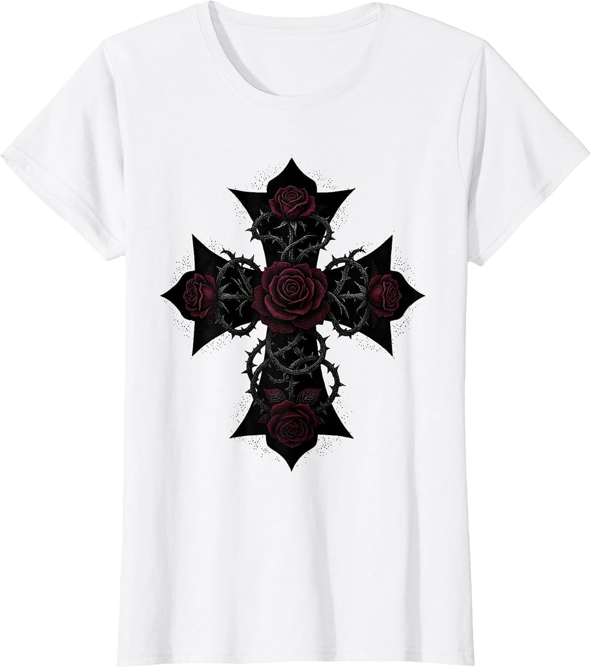 Rose Vine Iron Cross Gothic Floral Design T-Shirt - White