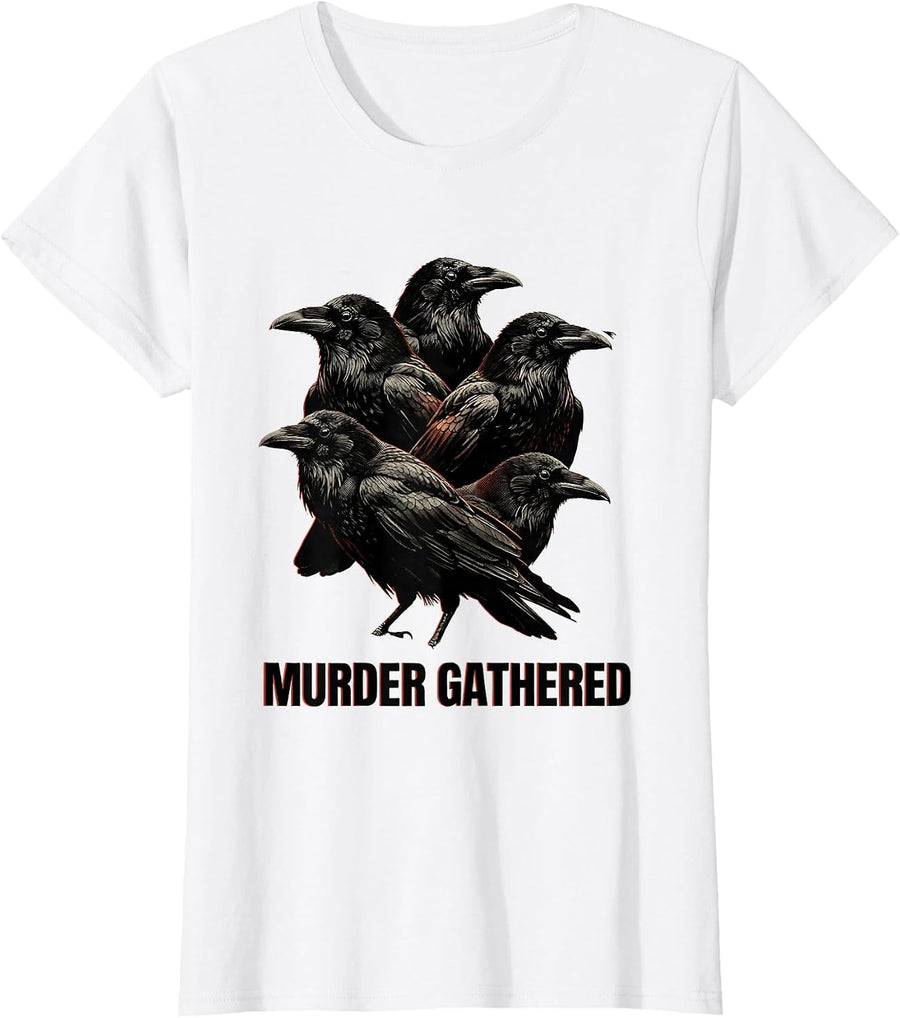 Women's Murder Gathered Dark Humor Crow Murder Pun Gothic Bird Lover T-Shirt - White