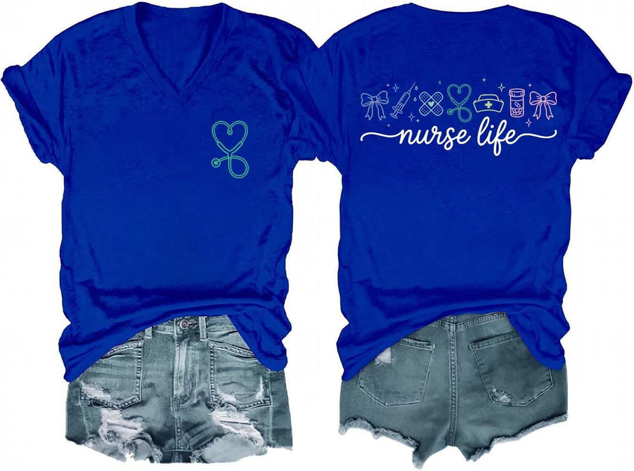 Nurse Life Shirt for Women, Nursing Graphic Tees Nurse Life Short Sleeve V Neck T-Shirts - V-Neck Royal Blue-1