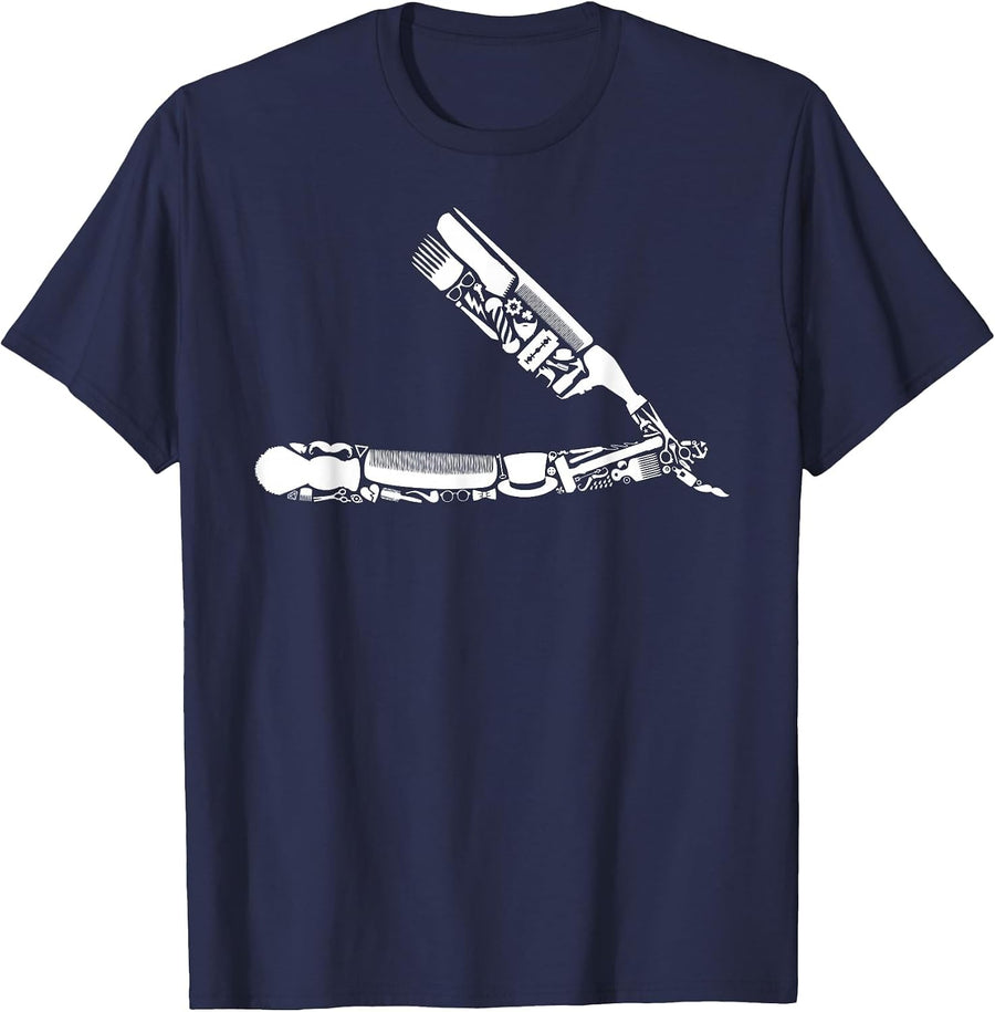 Barber's Straight Edge Razor Icons - Barbershop Tools T-Shirt - Navy Blue