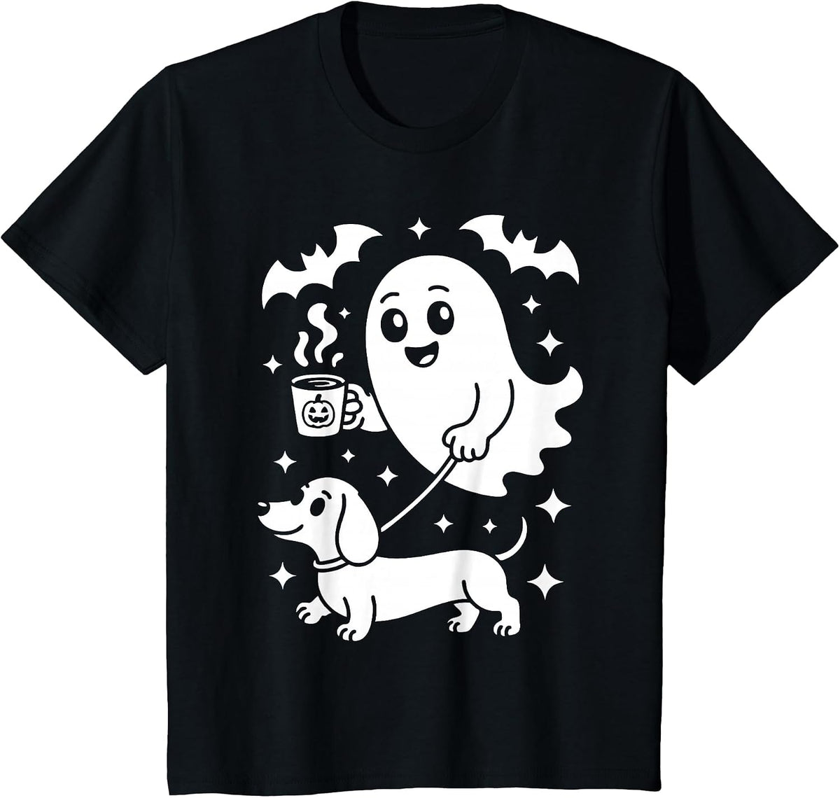 Cute Ghost Walking Dog Dachshund Coffee Halloween Costume T-Shirt - Black