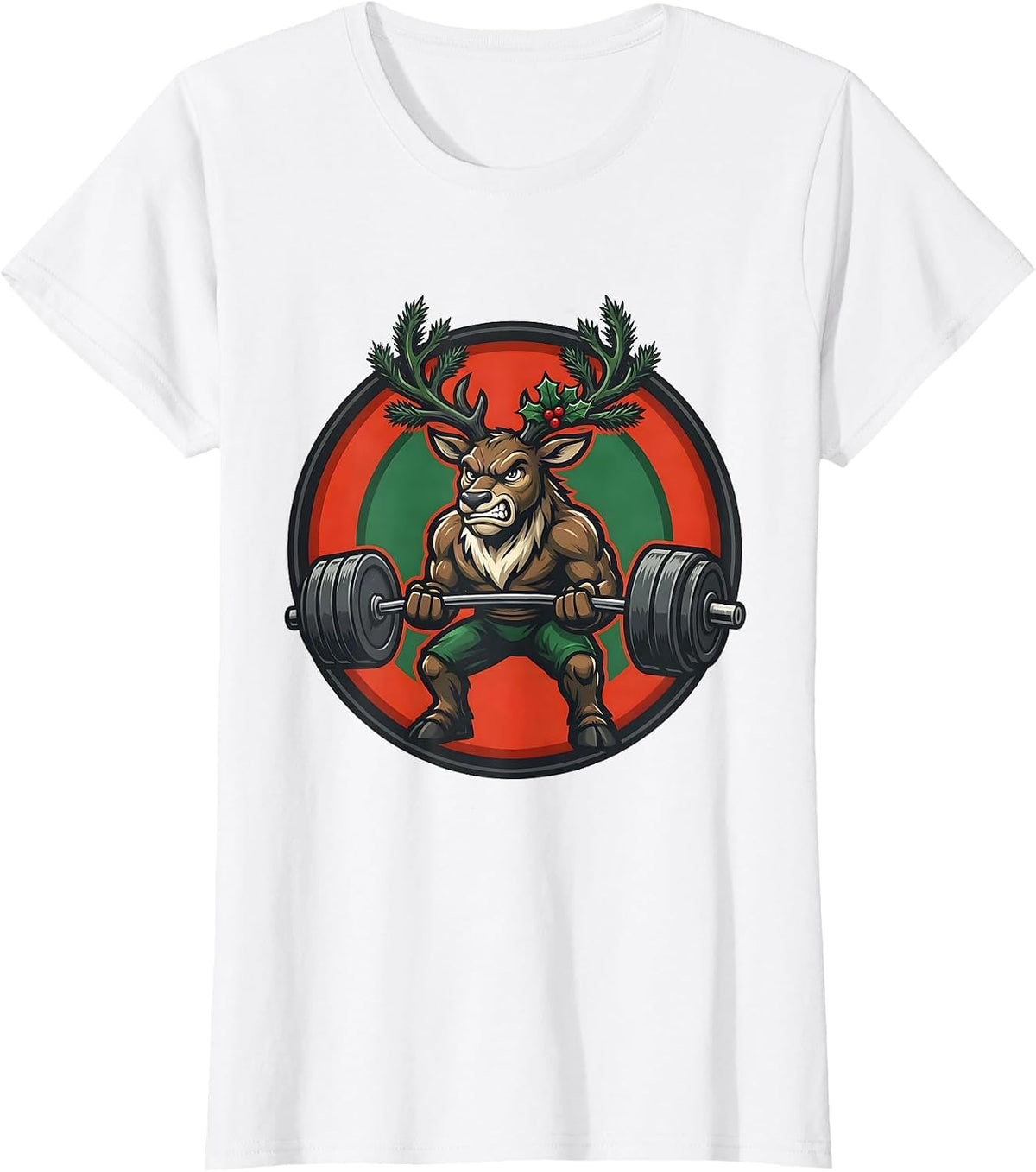 Reindeer Mascot Weightlifting Christmas Gym Humor T-Shirt - White