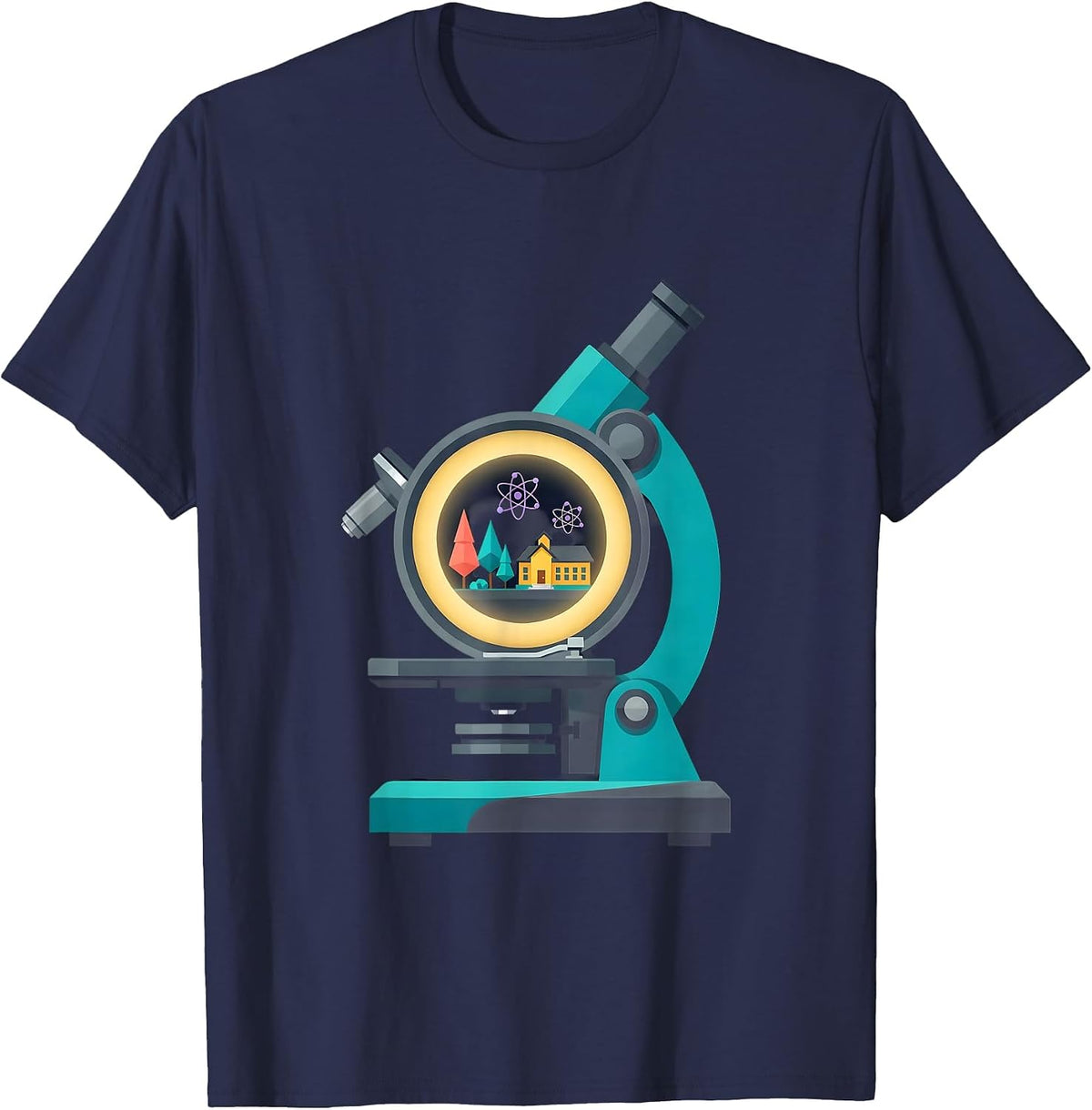 Microscope Tiny World Science Illustration T-Shirt - Navy Blue