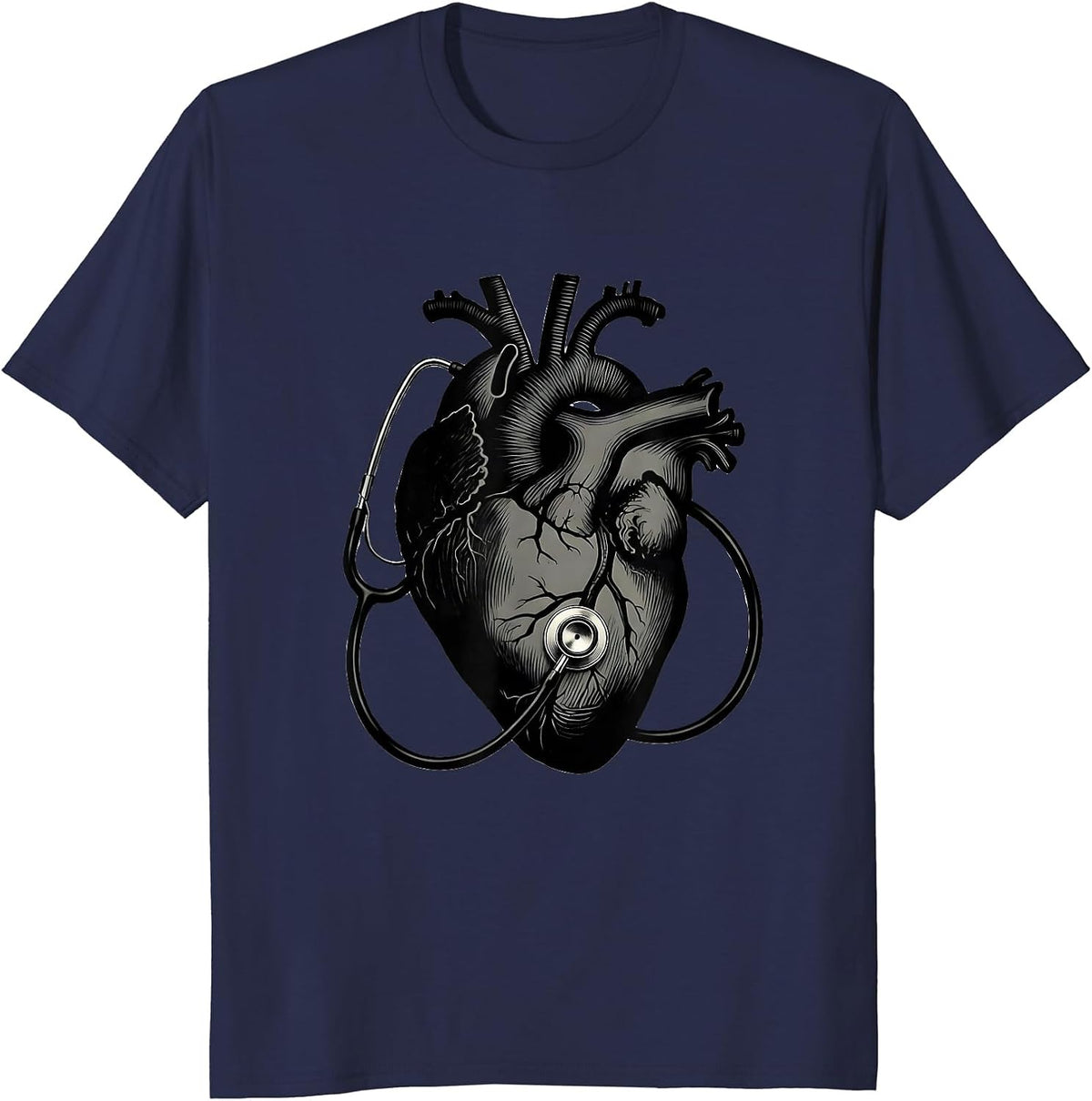 Men's Anatomical Heart Stethoscope Cardiac Nurse Medical T-Shirt - Navy Blue