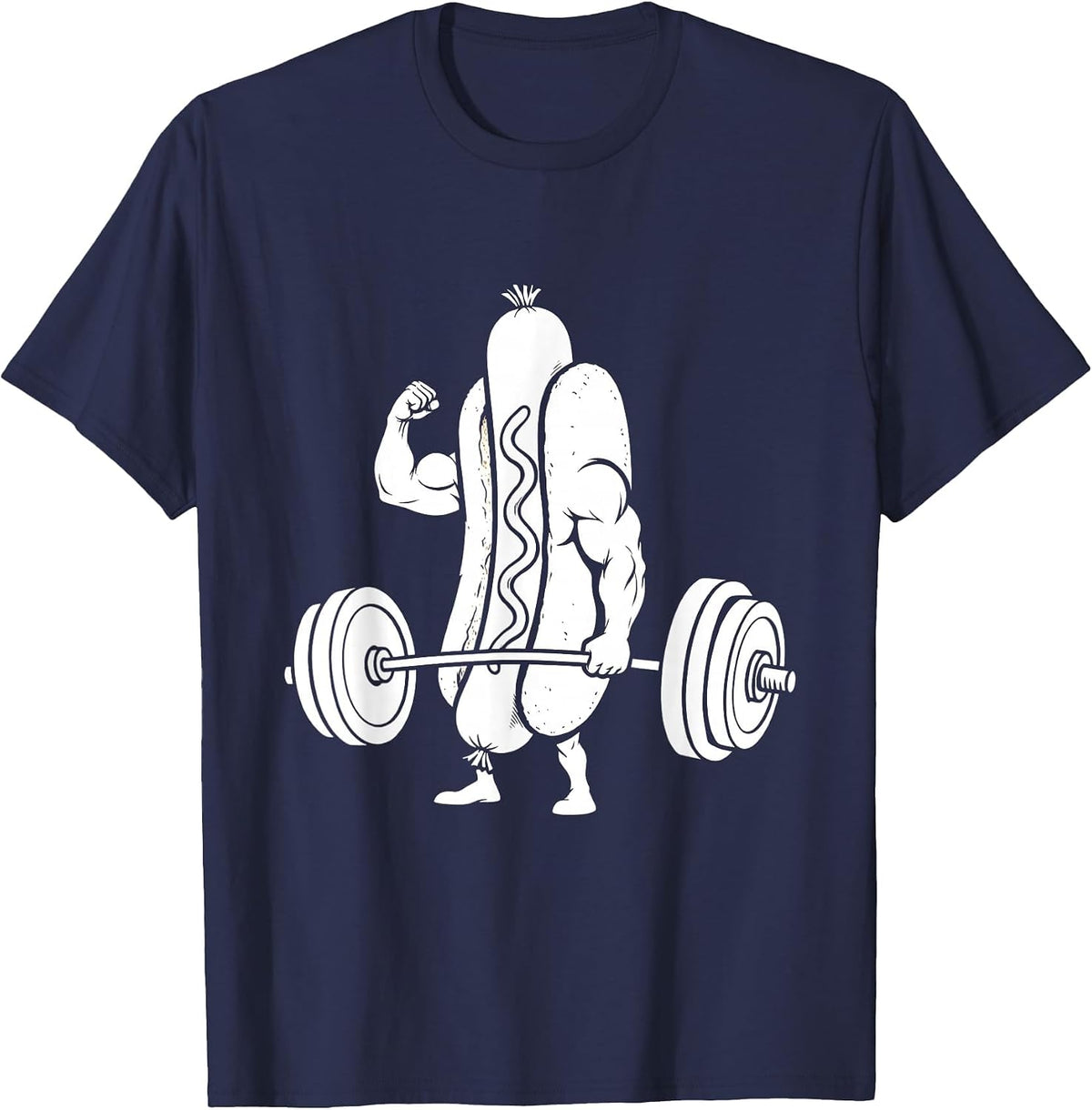 Funny Hot Dog Bicep Curl Weightlifting Graphic T-Shirt - Navy Blue