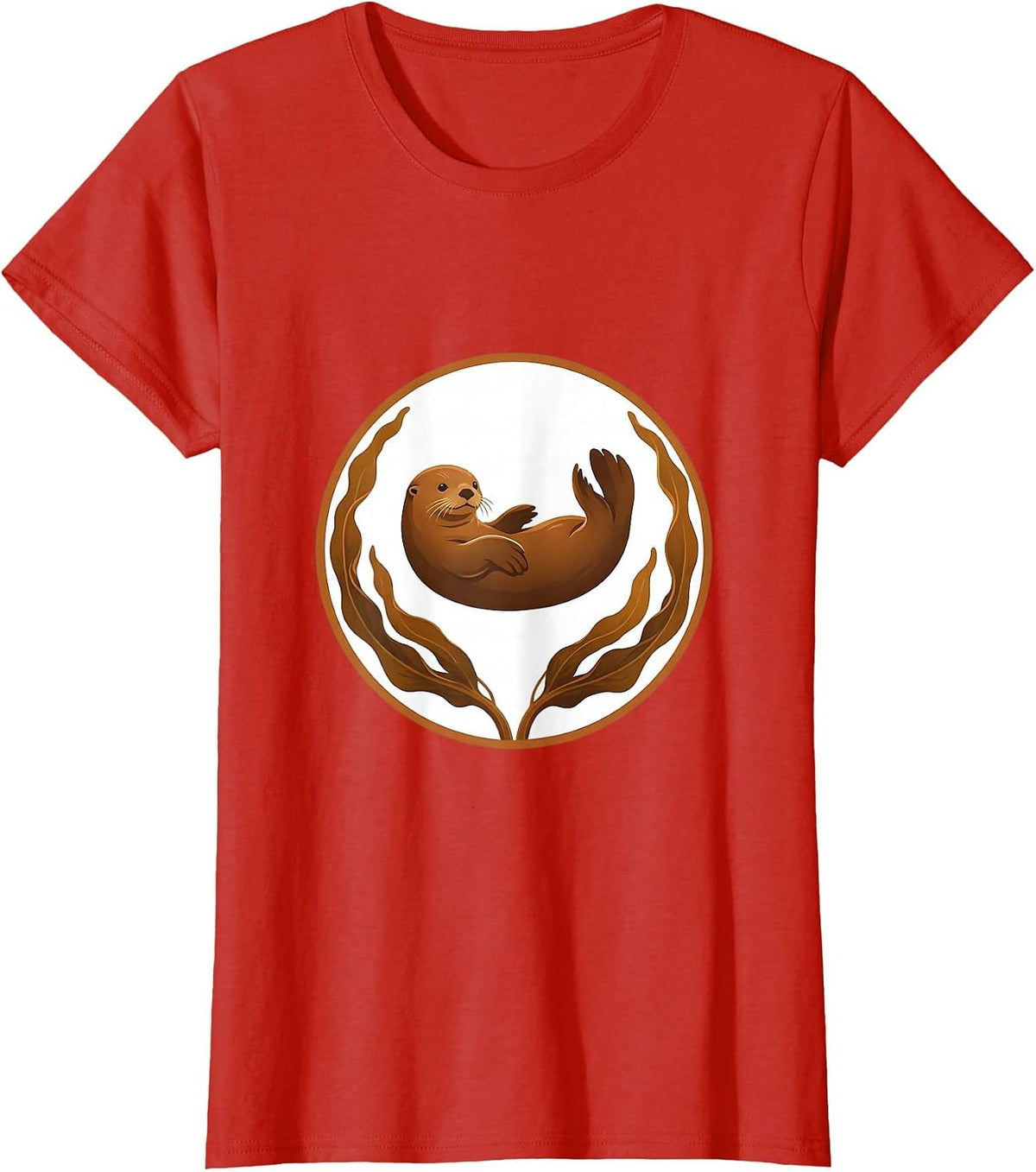 Alaska Sea Otter Floating on Kelp Illustration T-Shirt - Red