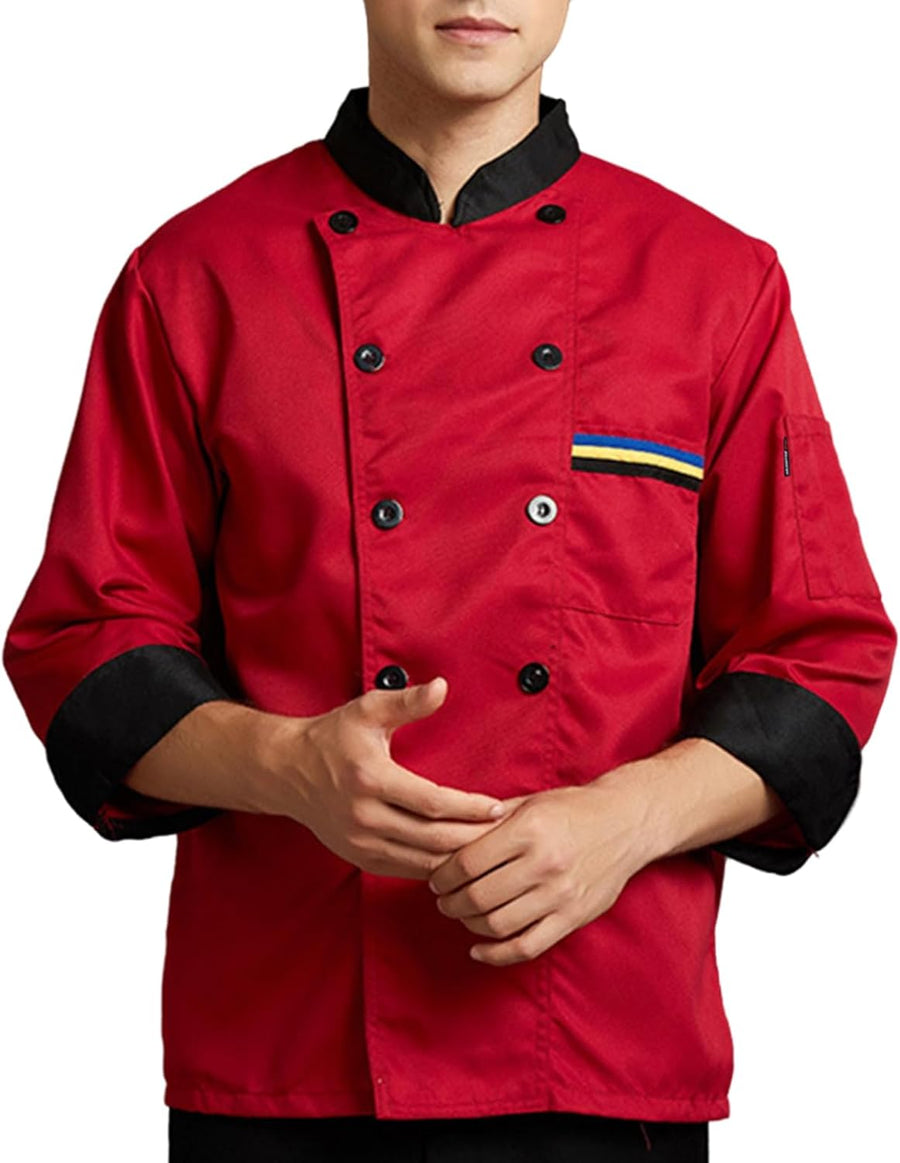 Unisex Chef Coat for Men Long Sleeves Solid Chef Jacket Hotel Restaurant Work Shirt Uniform - B-wine Red
