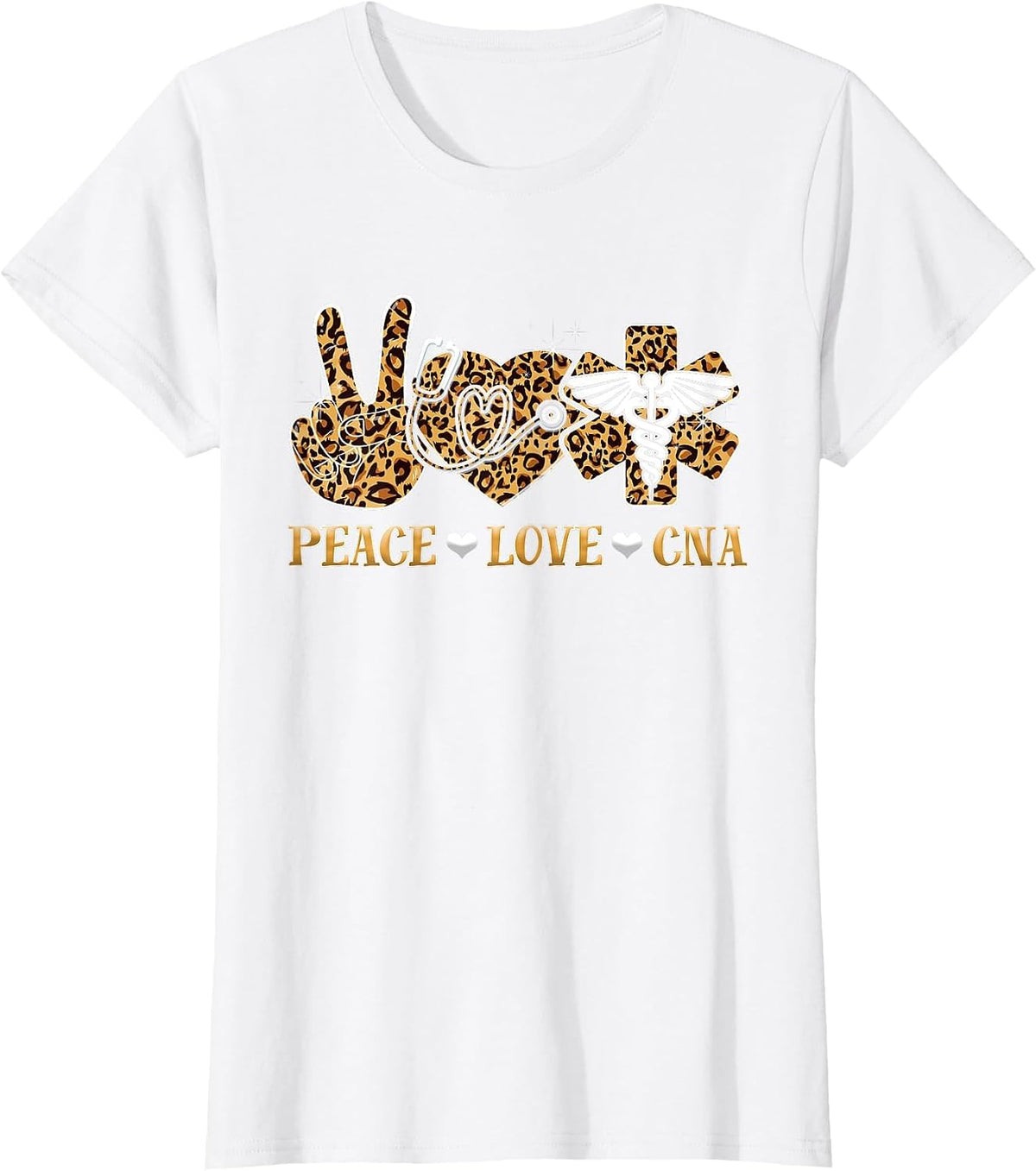 Peace Love CNA Nurse Life Leopard Print Stethoscope Heart Tee T-Shirt - White
