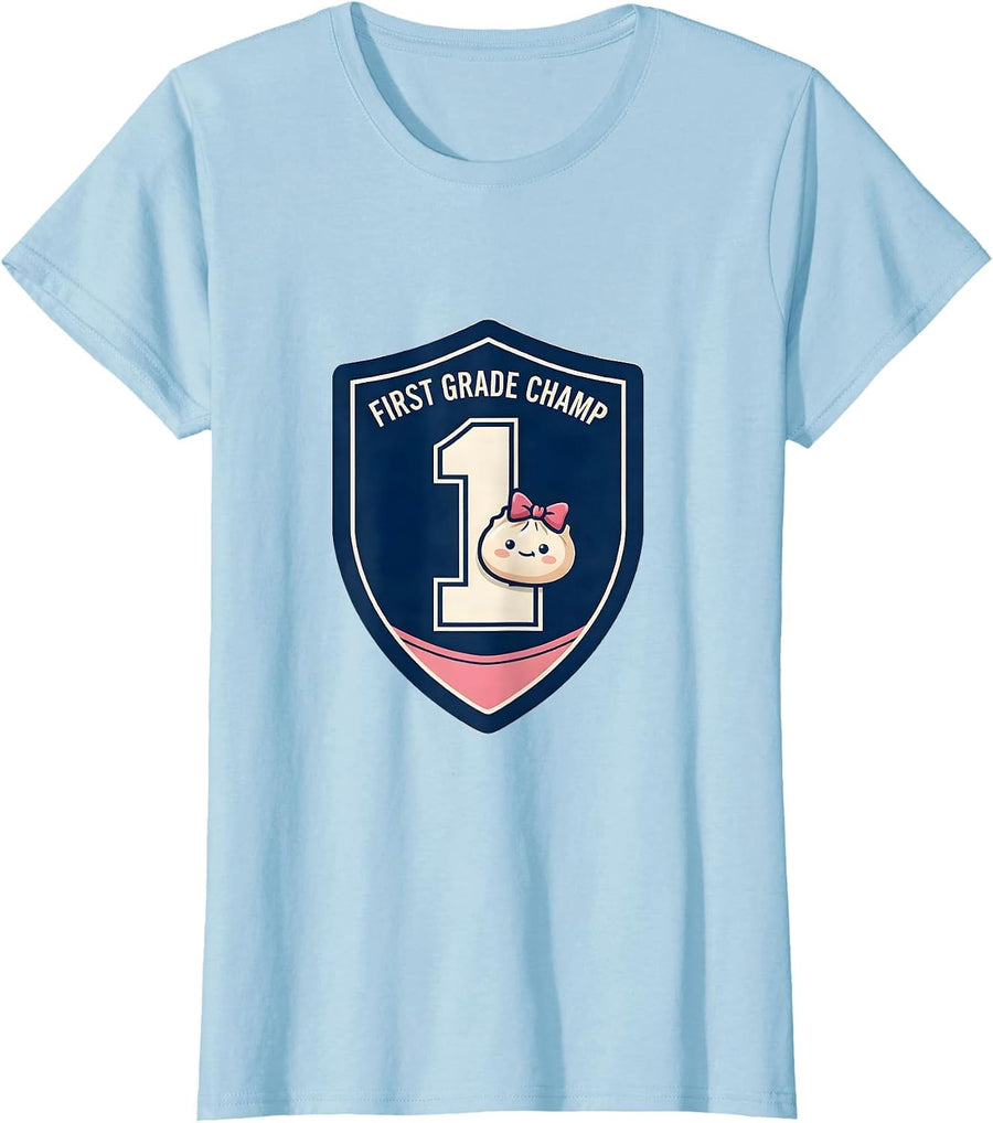 Women's First Grade Champ Cute Dumpling Back to School Girl Teacher T-Shirt - Baby Blue