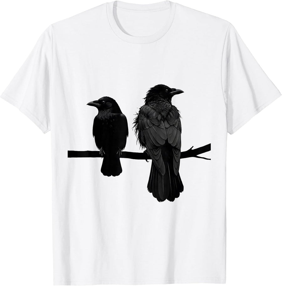 Men's Two Black Birds Perched Minimalist Bird Lover Gift T-Shirt - White