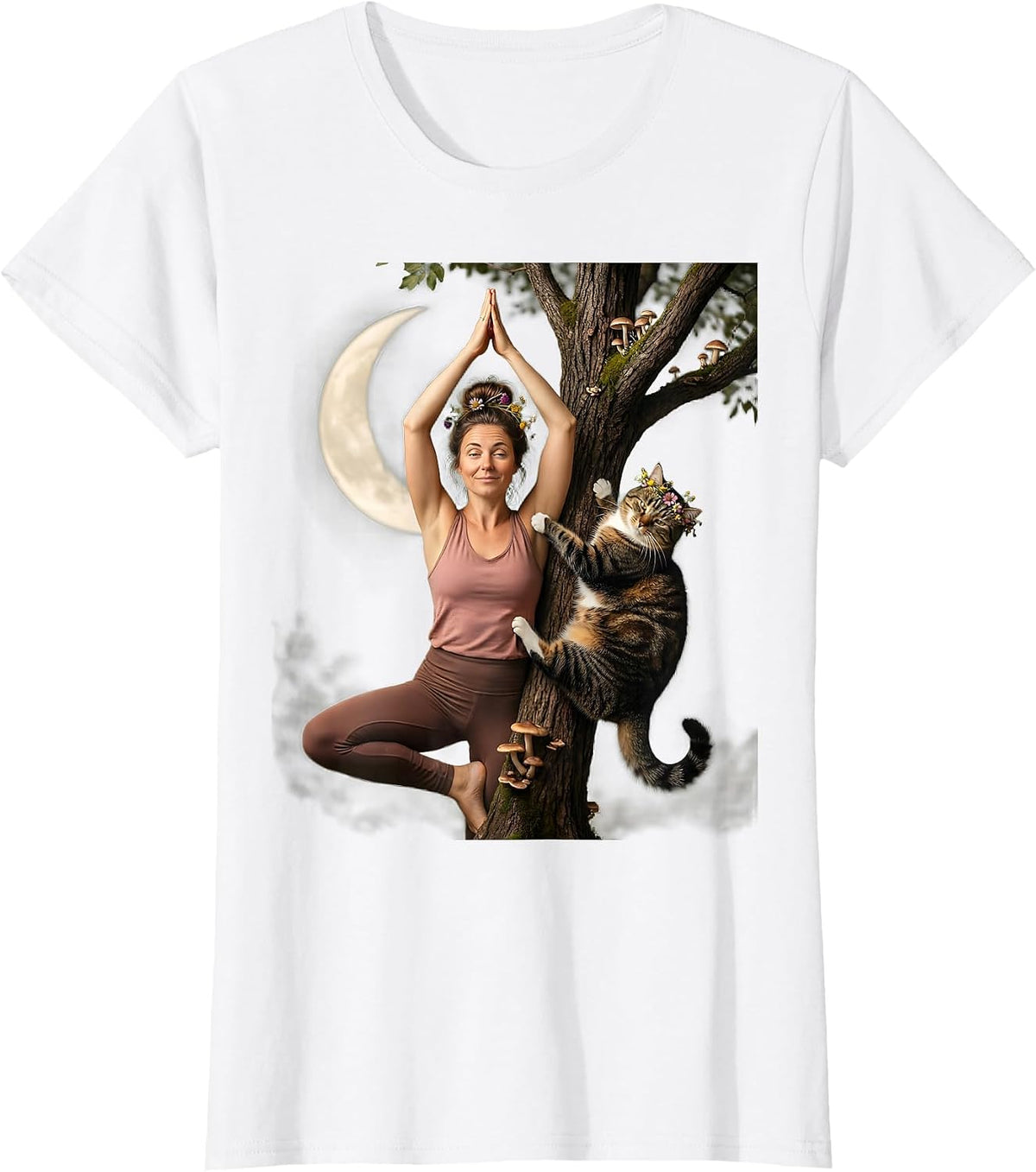 Funny Yoga Cat Climbing Illustration Gift T-Shirt - White