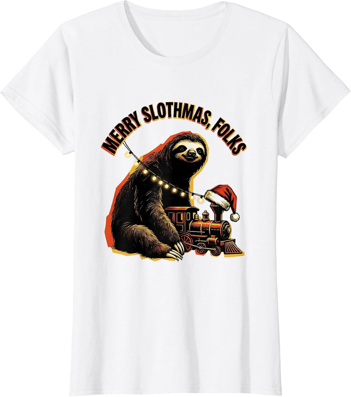 Merry Slothmas Folks Funny Sloth Lover Christmas Lights T-Shirt - White