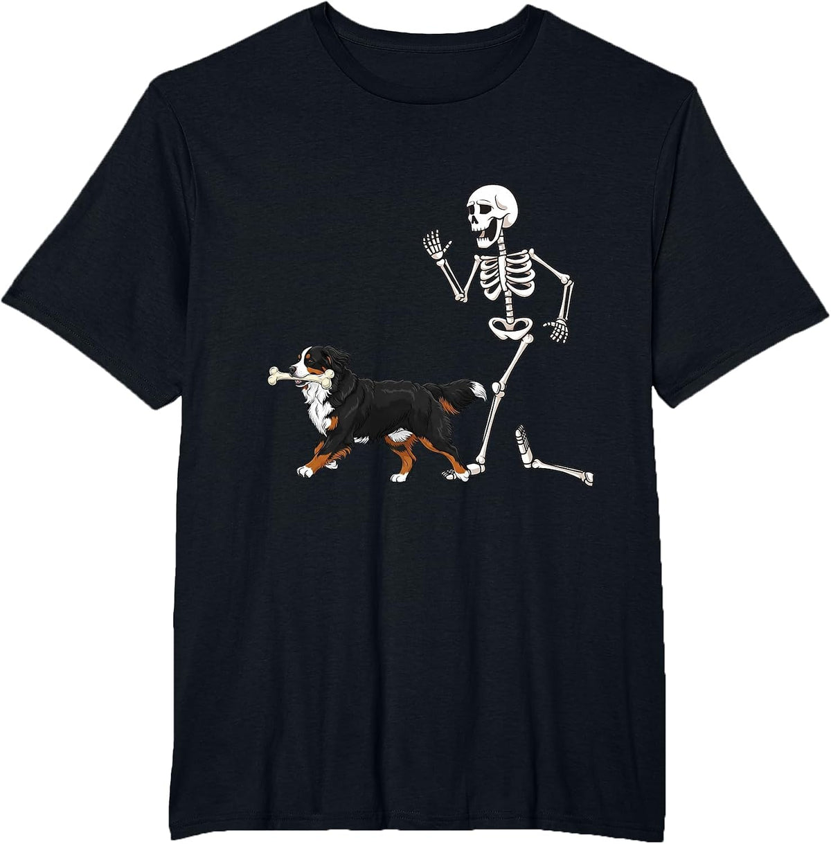 Funny Halloween Bernese Mountain Dog and Skeleton T-Shirt - Black