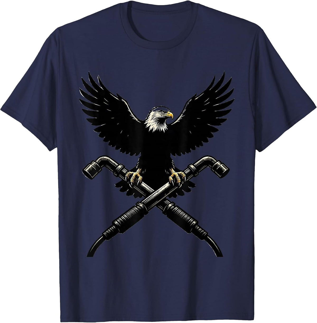 Eagle on Crossed Welding Torches Graphic Design T-Shirt - Navy Blue