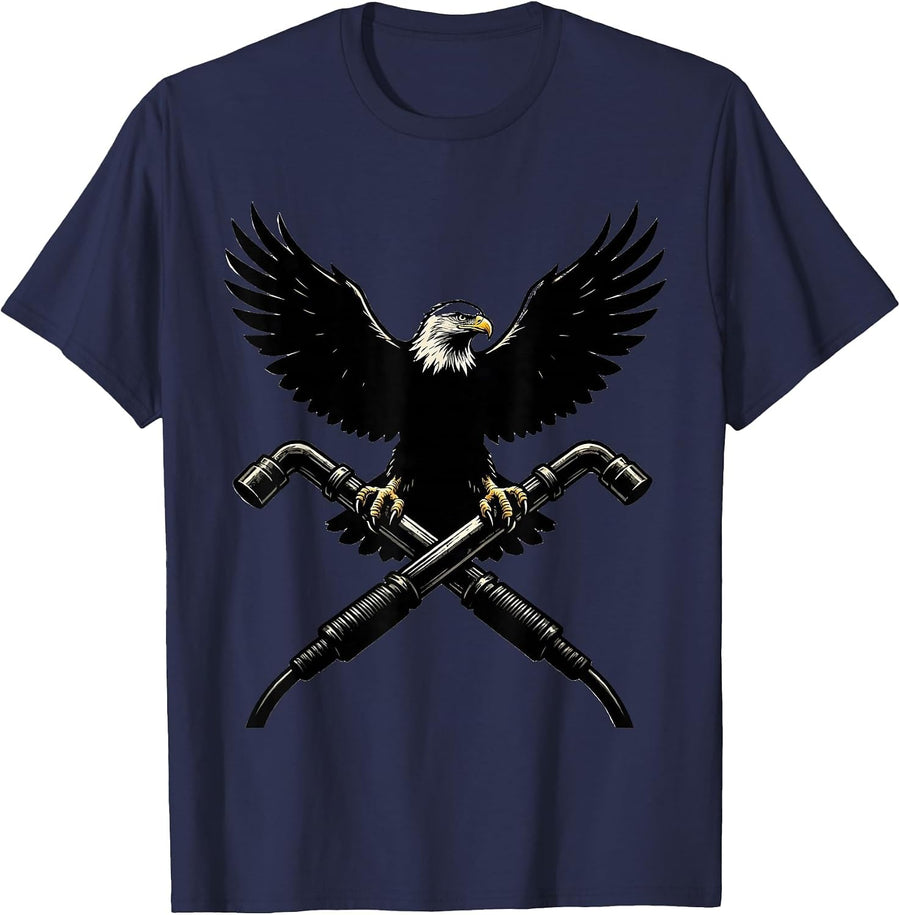 Eagle on Crossed Welding Torches Graphic Design T-Shirt - Navy Blue
