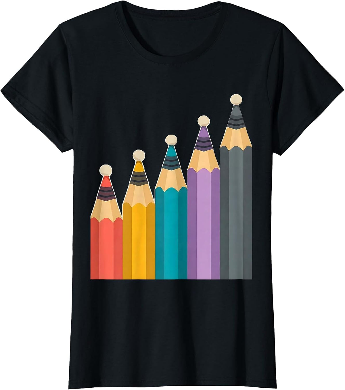 Women's Colorful Pencil Row Art Teacher Graphic T-Shirt - Black