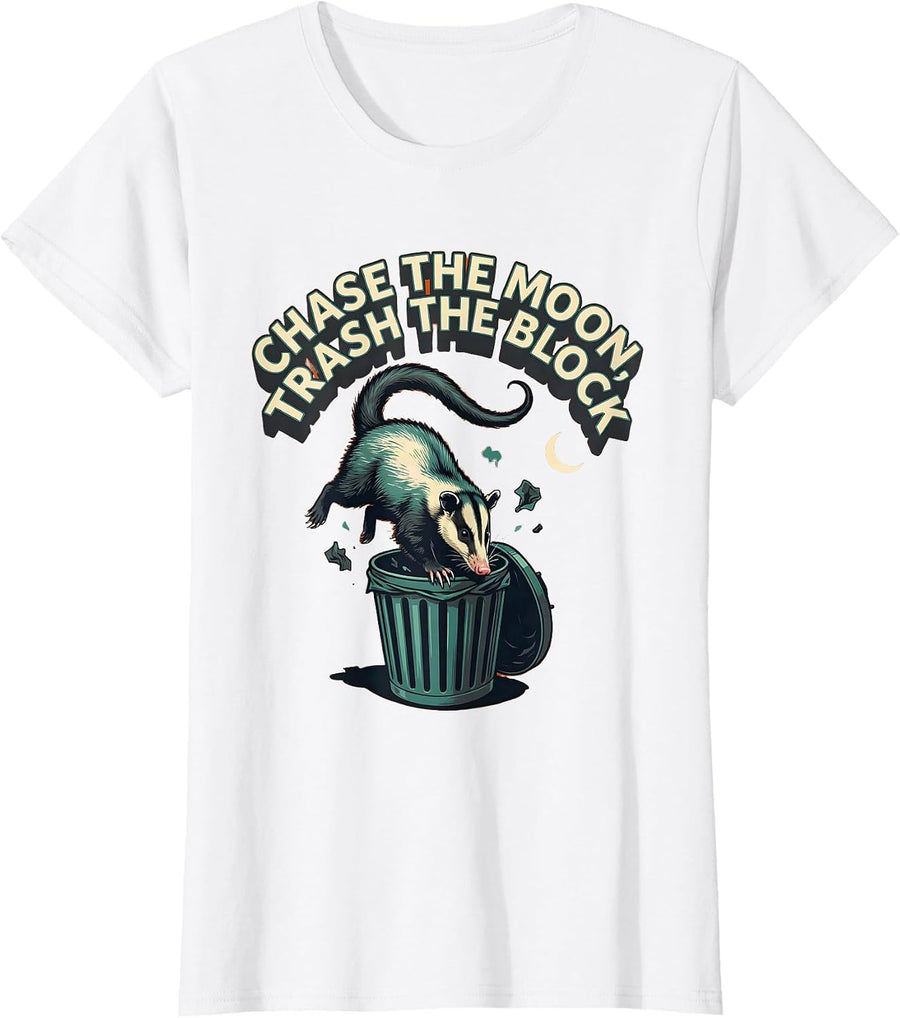 Women's Chase The Moon Trash The Block Funny Opossum Meme Animal T-Shirt - White