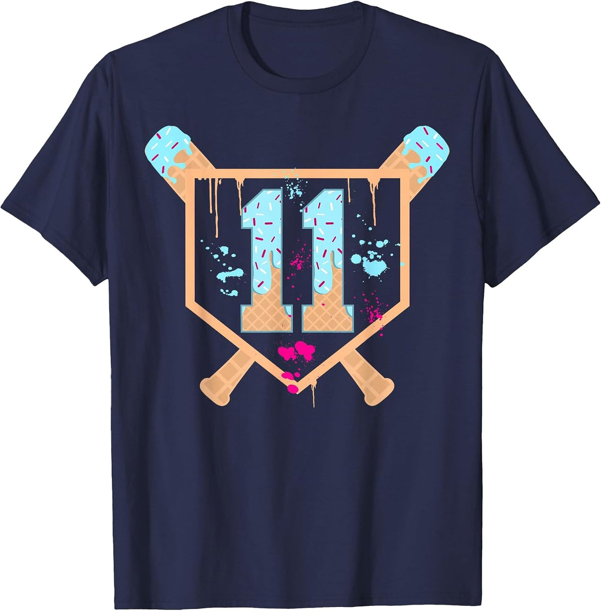 Baseball 11 Year Old Ice Cream Drip 11th Birthday Boy 11 T-Shirt - Navy Blue