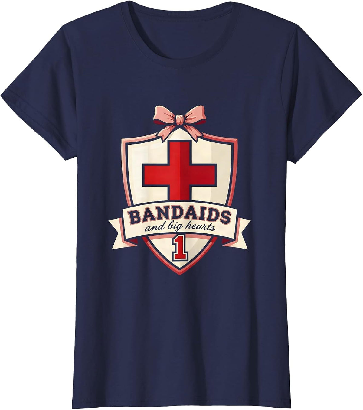 Women's Bandaids and Big Hearts School Nurse Design T-Shirt - Navy Blue