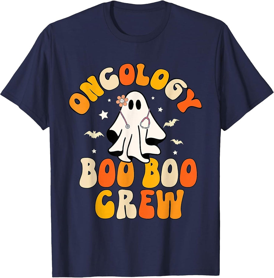 Groovy Oncology Nurse Boo Boo Crew Ghost Nursing Halloween T-Shirt - Navy Blue