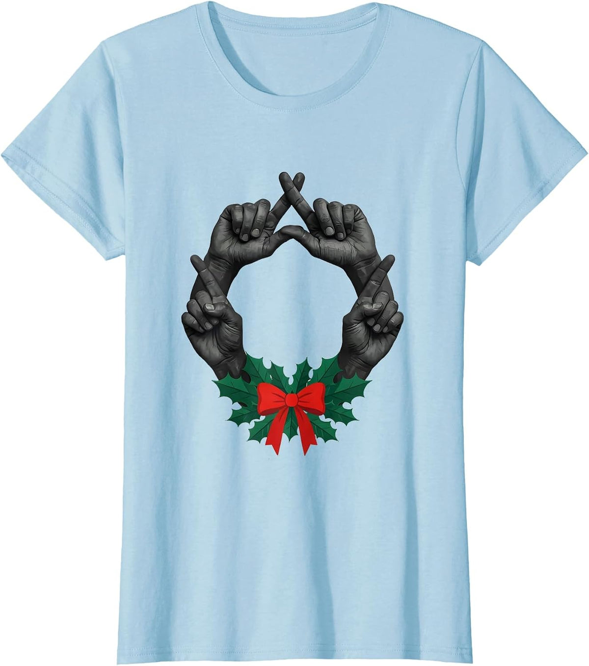 Women's Interlocked Hands Holiday Wreath Rock Metal Guitarist T-Shirt - Baby Blue