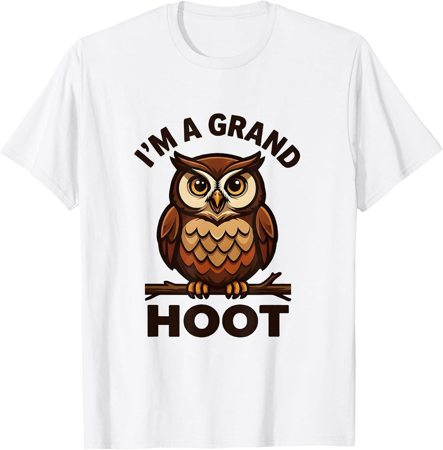 Men's I'm A Grand Hoot Funny Owl Lover Bird Watcher Mascot Logo T-Shirt - White