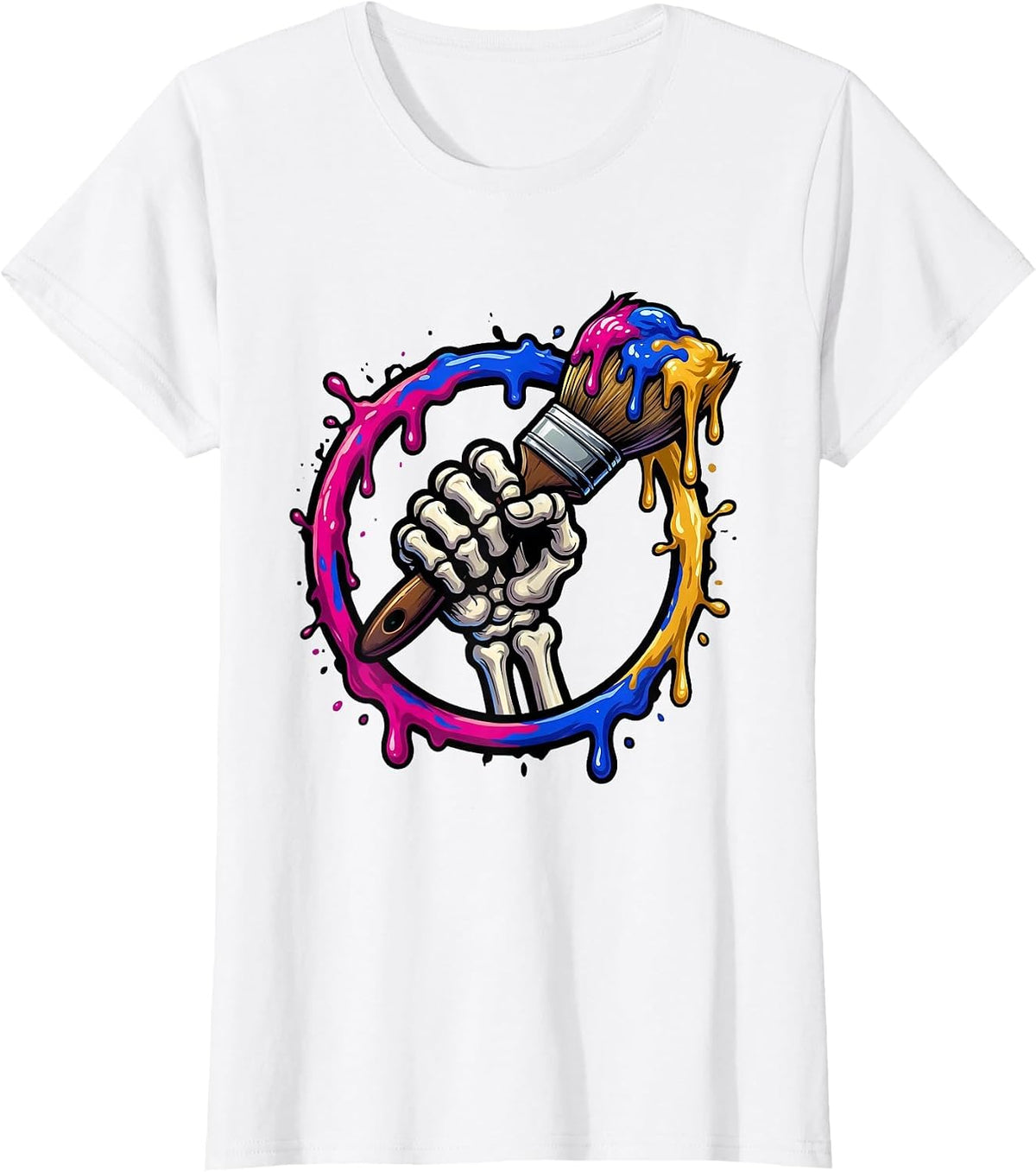 Women's Skeleton Hand Paintbrush Art Teacher Graphic T-Shirt - White