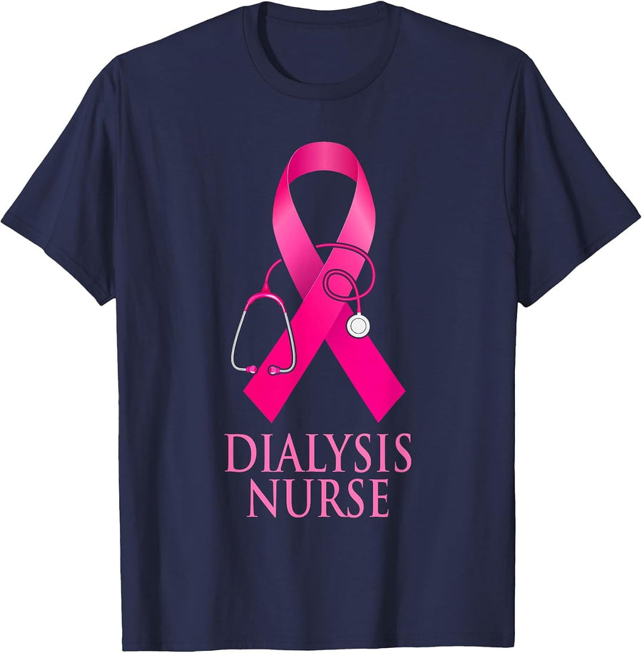 Dialysis Nurse Stethoscope Heart Pink Ribbon Breast Cancer T-Shirt - Navy Blue
