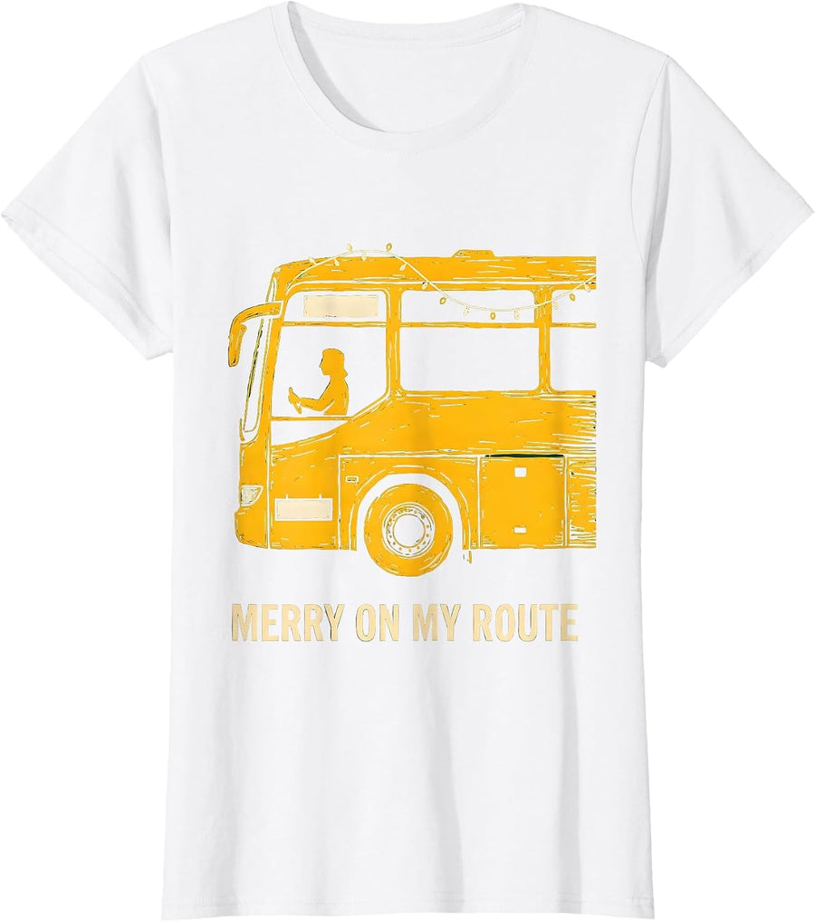Women's Merry On My Route Funny School Bus Driver Christmas Humor T-Shirt - White