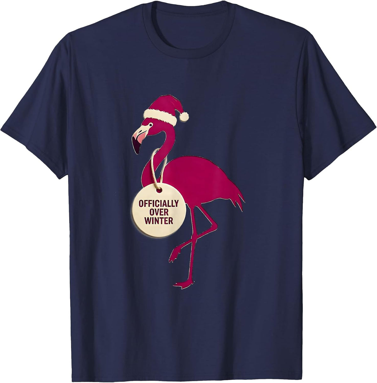 Officially Over Winter Funny Pink Flamingo Santa Hat T-Shirt - Navy Blue