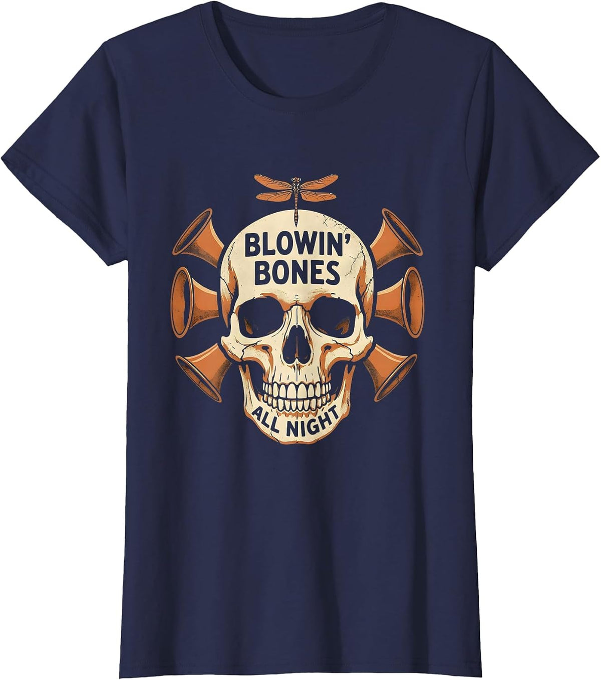 Women's Halloween Skeleton Trumpet Jazz Solo Design T-Shirt - Navy Blue