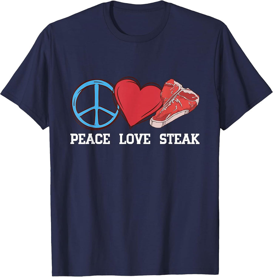 Peace Love Steak Raw Steak Meat Food Beef Cow Grilling T-Shirt - Navy Blue